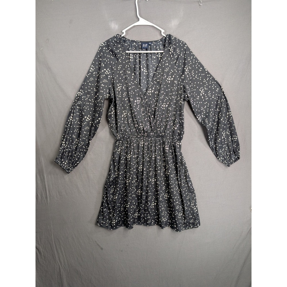 GAP Womens Faux Wrap Mini Dress Black White Polka Dot Long Sleeve Medium